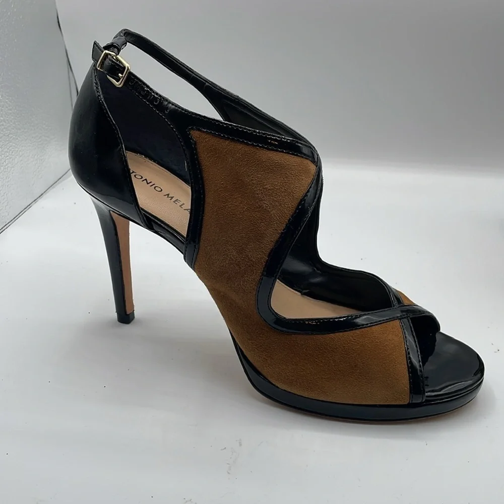 Antonio Melani Black with Brown Tan Suede Heels size 9.5 M Slingback Sandals